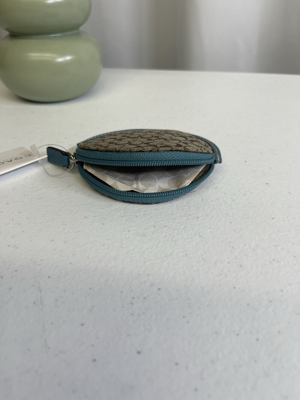 Coach Round Signature Coin Purse Brown Khaki Aqua Zip Case F60162 NWT - Picture 3 of 3